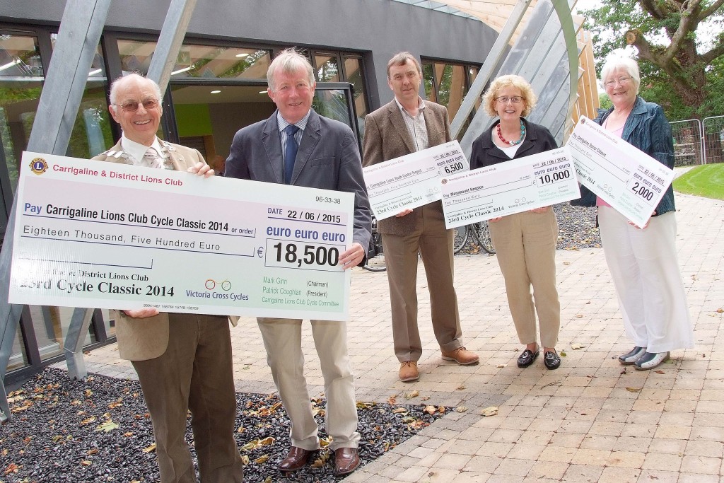 Pictured at the Presentation of Cheques from the €18,500 proceeds of the Carrigaline & Districts Lions Club Annual Charity Cycle, were from left, Patrick Coughlan, Club President ; Mark Ginn, Cycle Classic Co-Ordinator ; Sean Duggan, Carrigaline Youth Centre Project ; Dr. Marie Murphy, Marymount Hospice and Agnes O'Reilly, Carrigaline Senior Citizens Day Care Centre. (Picture: Adrian OHerlihy) June 22nd 2015