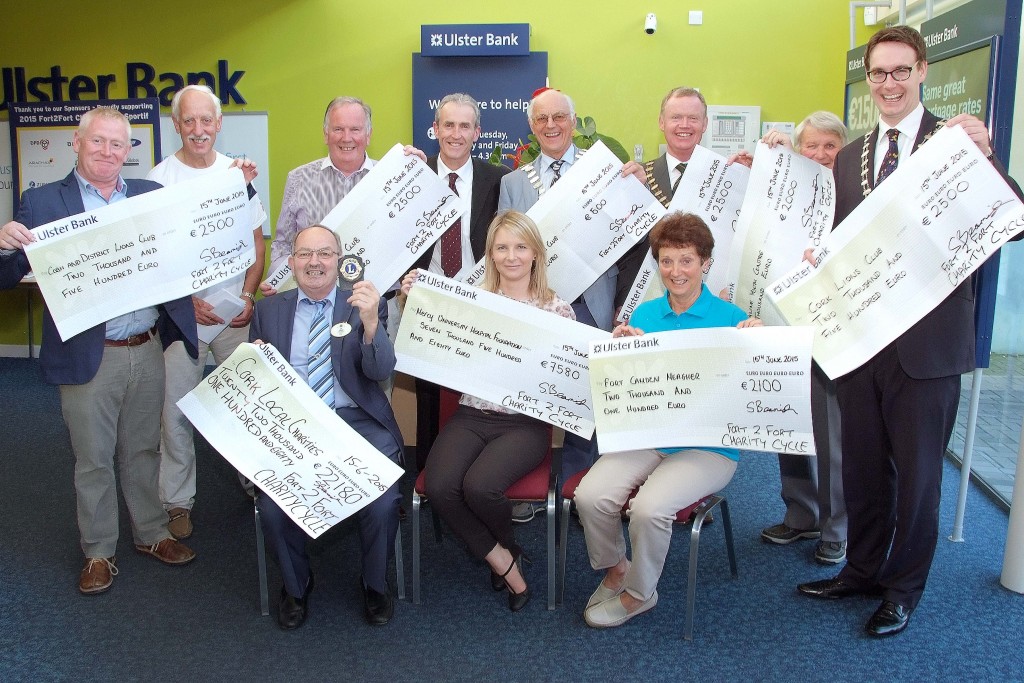 Pictured at the Presentation of cheques from the proceeds of 22,180Euro raised during the Fort2Fort Charity Cycle around Cork Harbour, were from left (Seated), Pat O'Brien, District Governor, Lions Clusb of Ireland ; Deirdre Finn, Mercy University Hospital Foundation and Eileen Murphy, Camden Fort Meagher.  From left, at rear, Paul Kenny, Cobh Lions Club ; Sam Beamish, Ulster Bank ; Frank Houlihan, Midelton Lions Club ; Tom Butler, Committee Chairman, Fort2Fort Cycle ; Patrick Coughlan, Carrigaline Lions Club ; Tom Kelly, Douglas Lions Club ; Roy Jolly, Carrigaline Youth Centre Project and Cian Cotter, Cork Lions Club. (Picture: Adrian OHerlihy) NO REPRODUCTION FEE  16-6-15